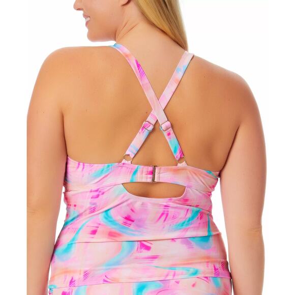 California Waves Trendy Tie-Dye Drawstring Tankini Top Multi Pink Size 20/22 - Picture 2 of 10